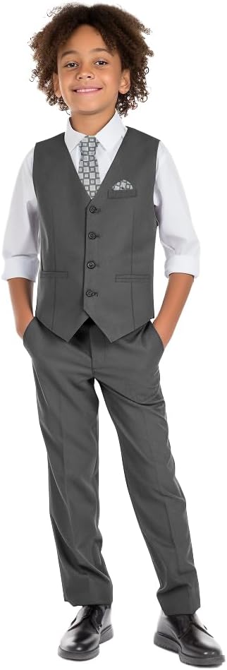 Boys' 6-Piece Formal Slim Fit Suit Set, Vest, Pants, Dress Shirt, Tie, Pocket Square, and Bow Tie 5 Dark Gray-v