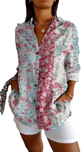 Womens Long Sleeve Boho Shirts Button V Neck Vintage Floral Tops Ladies Blouses Dressy Casual Graphic Shirt 2025 Spring B-patchwork 01 Small
