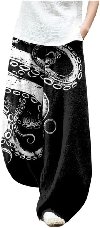 Boho Floral Lantern Pants for Women Summer Baggy Japanese Style Wide Leg Pants Elastic Hippie Trouser with Pockets X-Large Octopus Black