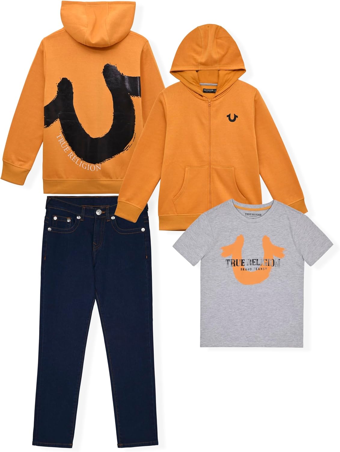 Boys Clothing Set 3 Piece Boys Sweatshirt Jeans and T-Shirt Jogger Set for Kids 5-6 Mustard-gray Dark Wash