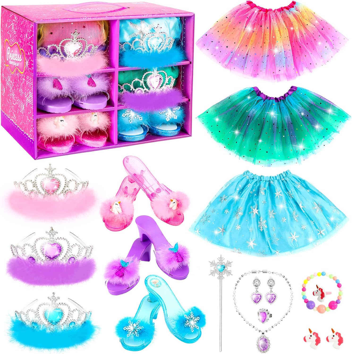 Princess Dress Up Shoes Set, Girls Dress Up Toys Toddler Jewelry Boutique Kit, 3 Themes of Unicorn Mermaid Ice Princess Costumes Set, Pretend Play Gifts for Little Girls Aged 3-6 Years Old