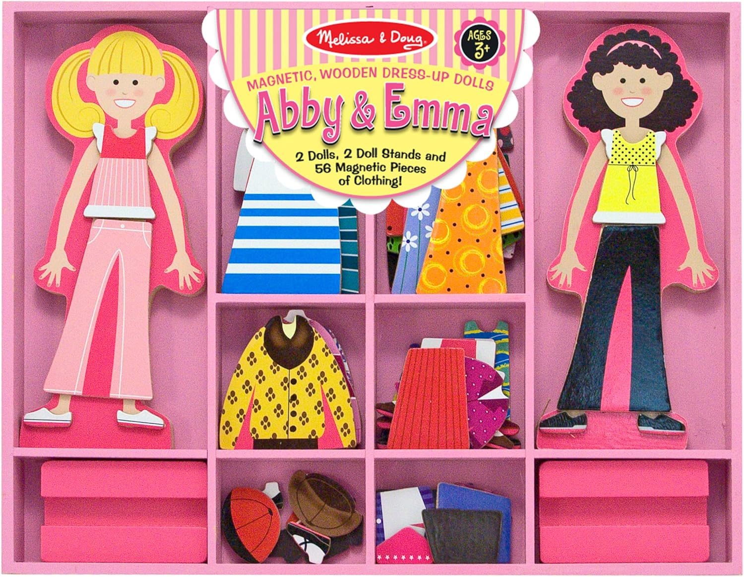 Melissa & Doug Abby and Emma Deluxe Magnetic Wooden Dress-Up Dolls Play Set (55+ pcs) Magnetic Paper Dolls for Kids Ages 3+ Abby & Emma