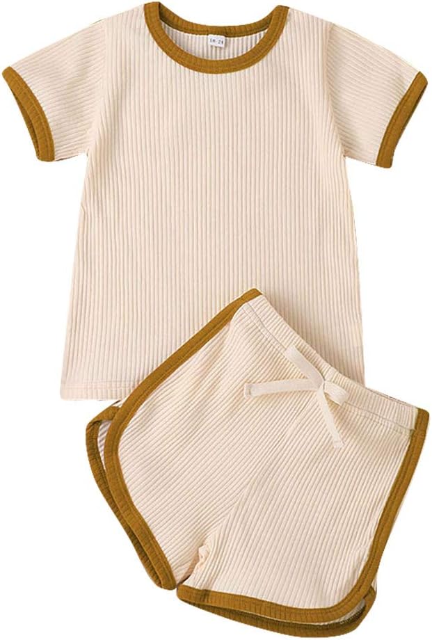 Unisex Toddler Baby Boy Girl Summer Clothes Short Sleeve T-Shirt Tops+Short Pants Ribbed Two Piece Solid Outfit Set C-apricot 3T / 4T