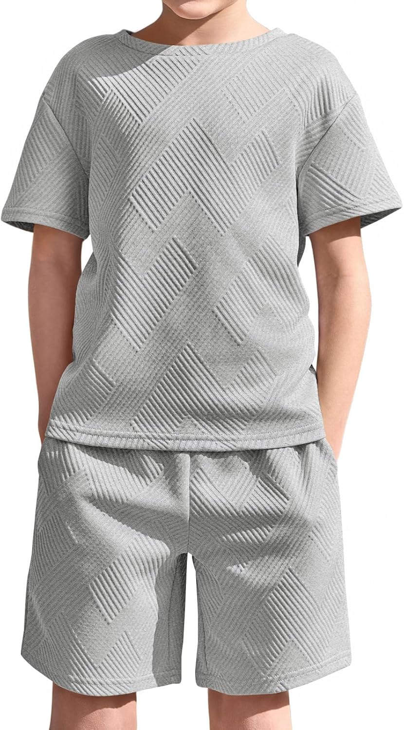 Boys 2 Piece Summer Outfits Short Sleeve Tshirts and Elastic Waist Shorts Casual Texture Sets 13-14 Years Grey