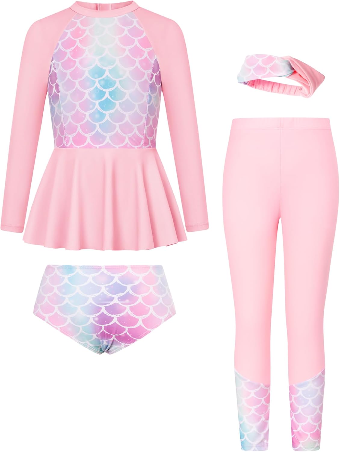 Girls Long Sleeve Swimsuit Mermaid Bathing Suit Rash Guard Swimwear 4 Piece Size 5-12