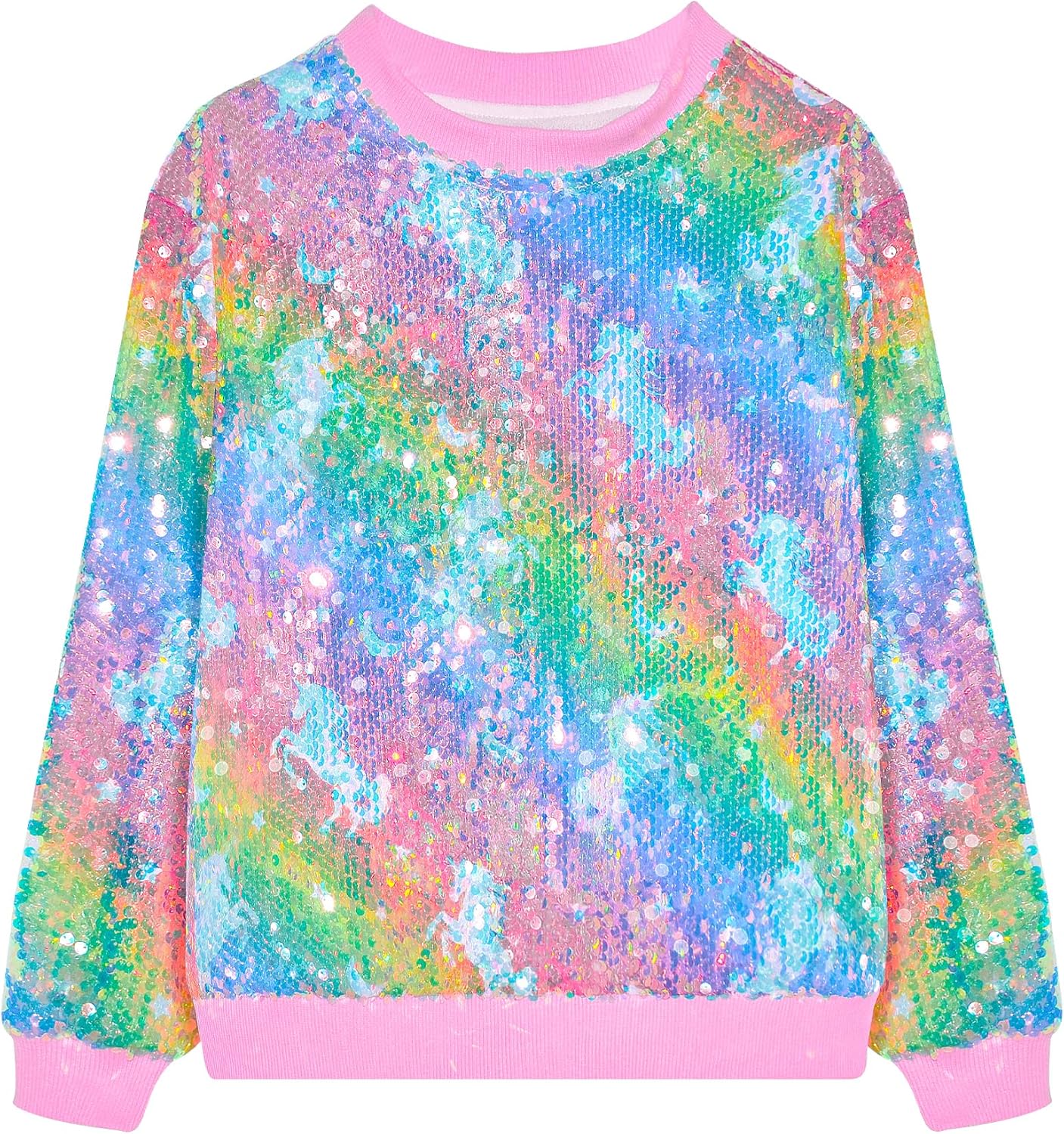 Girls Sequin Sweatshirt Kids Sparkle Crewneck Long Sleeve Glitter Sequin Pullover Tops for Kids Girls Toddler Rainbow Horse 3-4T
