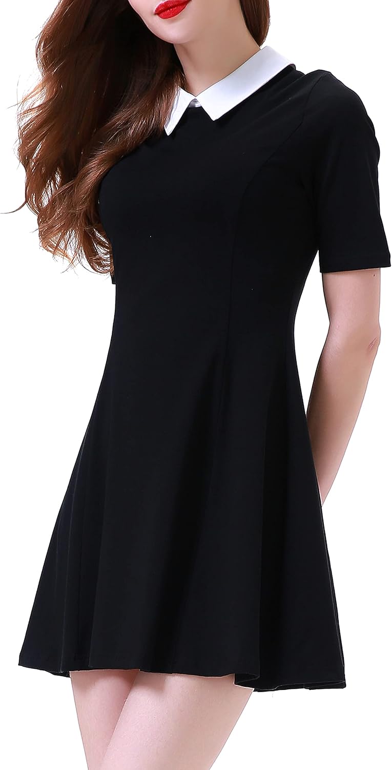 Women's Short Sleeve Peter Pan Collar Cute Skater Dress Fit and Flare A-Line Casual Dresses