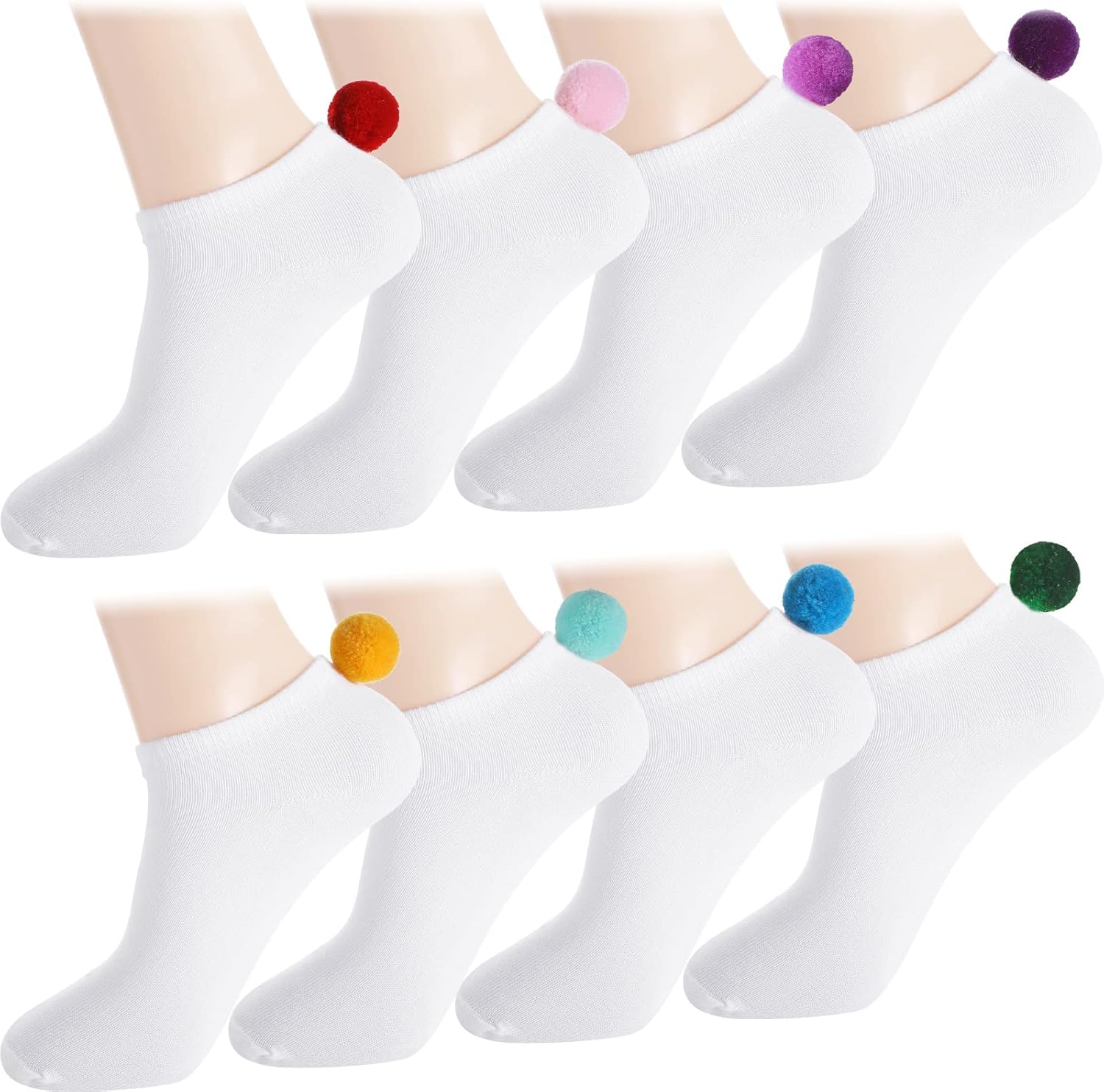 8 Pairs Women Pom Pom Socks Ankle with Balls on the Back Cosplay Seamless Socks