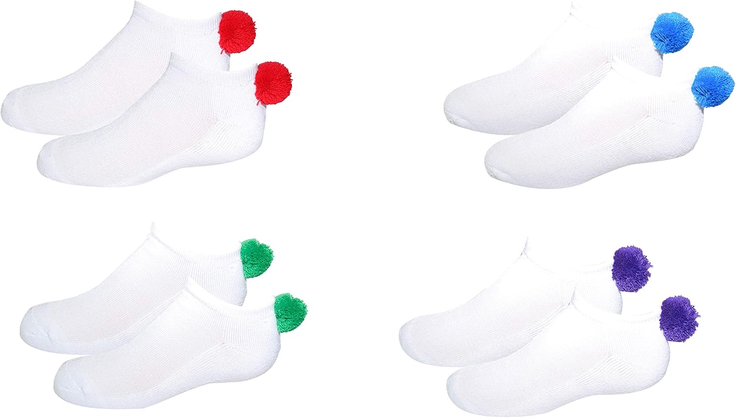 NEW! Pom Pom Socks Girls (4 Pair) Youth - Lowcut Ped Socks Pom-Pom Athletic Socks - Fits Kids Shoe Size: 9-3 One Size Multi 4 Pair