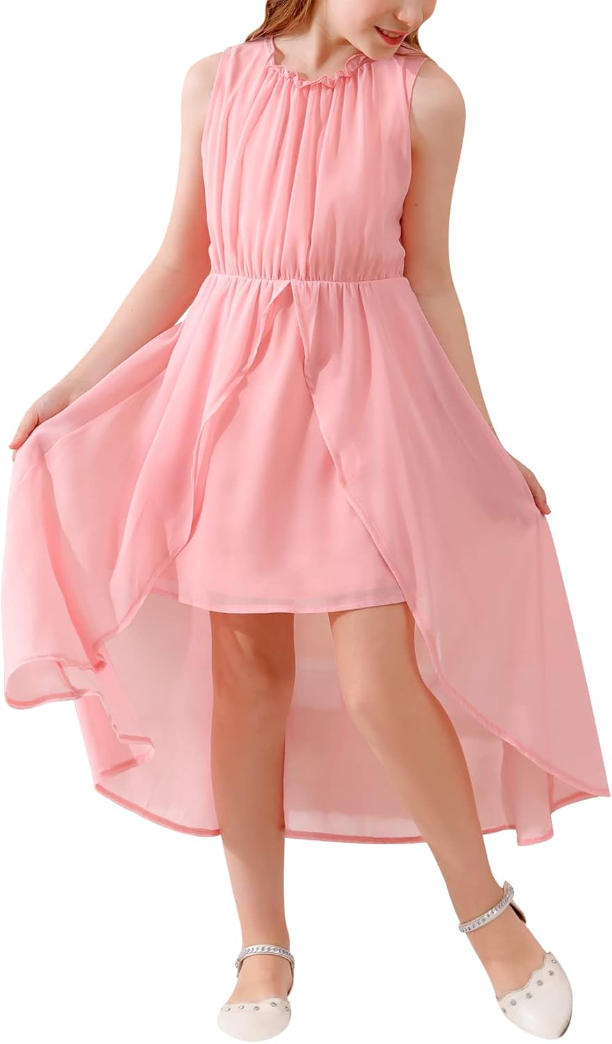 Girls Sleeveless Ruffle Neck Hi-Lo Hem Overlay Formal Occasin Chiffon Long Party Dress 4-14T 12 Years Pink