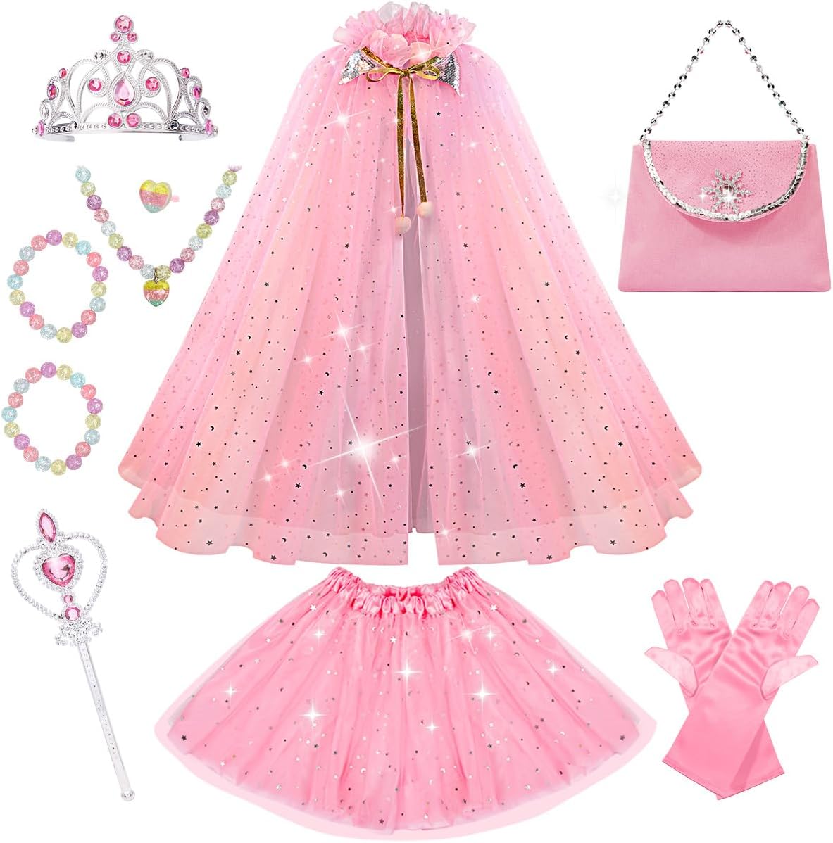 Princess Dress up Clothes for Little Girl, 11Pcs Princess Cape with Crown, Princess Dresses for Girl 3-8 Birthday Gift