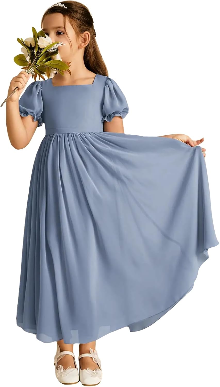 Long Chiffon Junior Bridesmaid Dresses for Wedding with Sleeve Formal Flower Girl Dress for Teens Dusty Blue 6