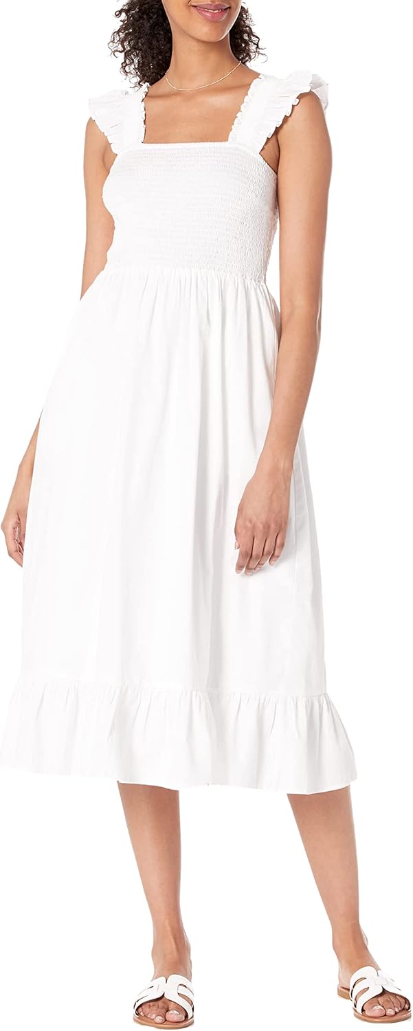 The Drop Women's Kimi Ruffled Shoulder Smocked Midi Dress Medium White