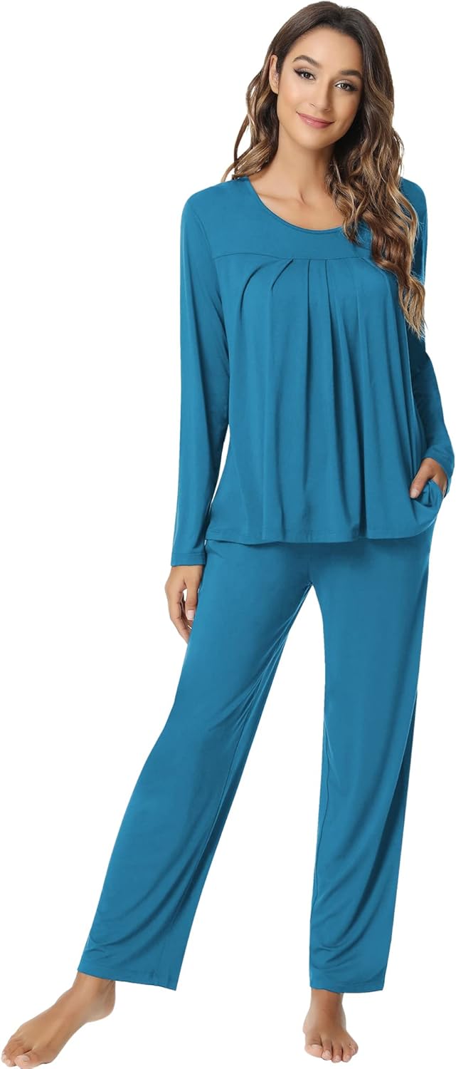 Pajamas for Women-Viscose Made from Bamboo,Long Sleeve Pajama Sets Comfy Loungewear Pleated Pjs Style-A Large A-turquoise
