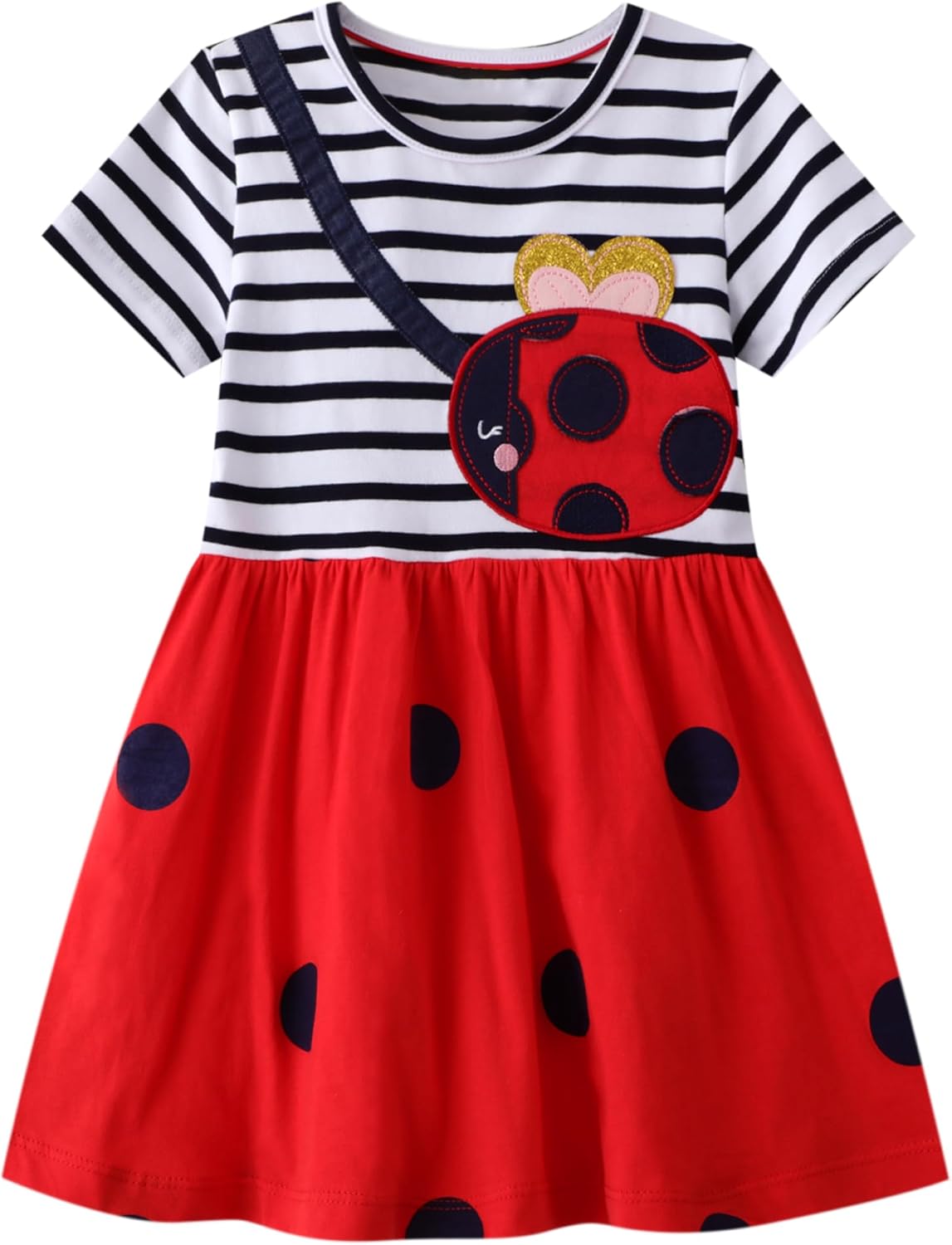 Little Girls Casual Cotton Dress Cartoon Print Short Sleeve Summer T-Shirt Skirt Dresses 5T Blackstripe&ladybug