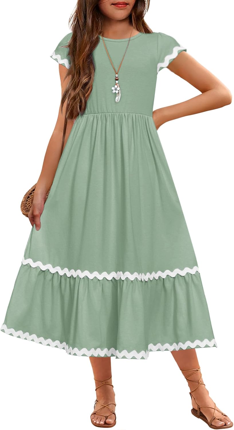 Girls Summer Maxi Dresses Short Sleeve Casual Flowy Tiered Dress with Pockets for 4-14 Years