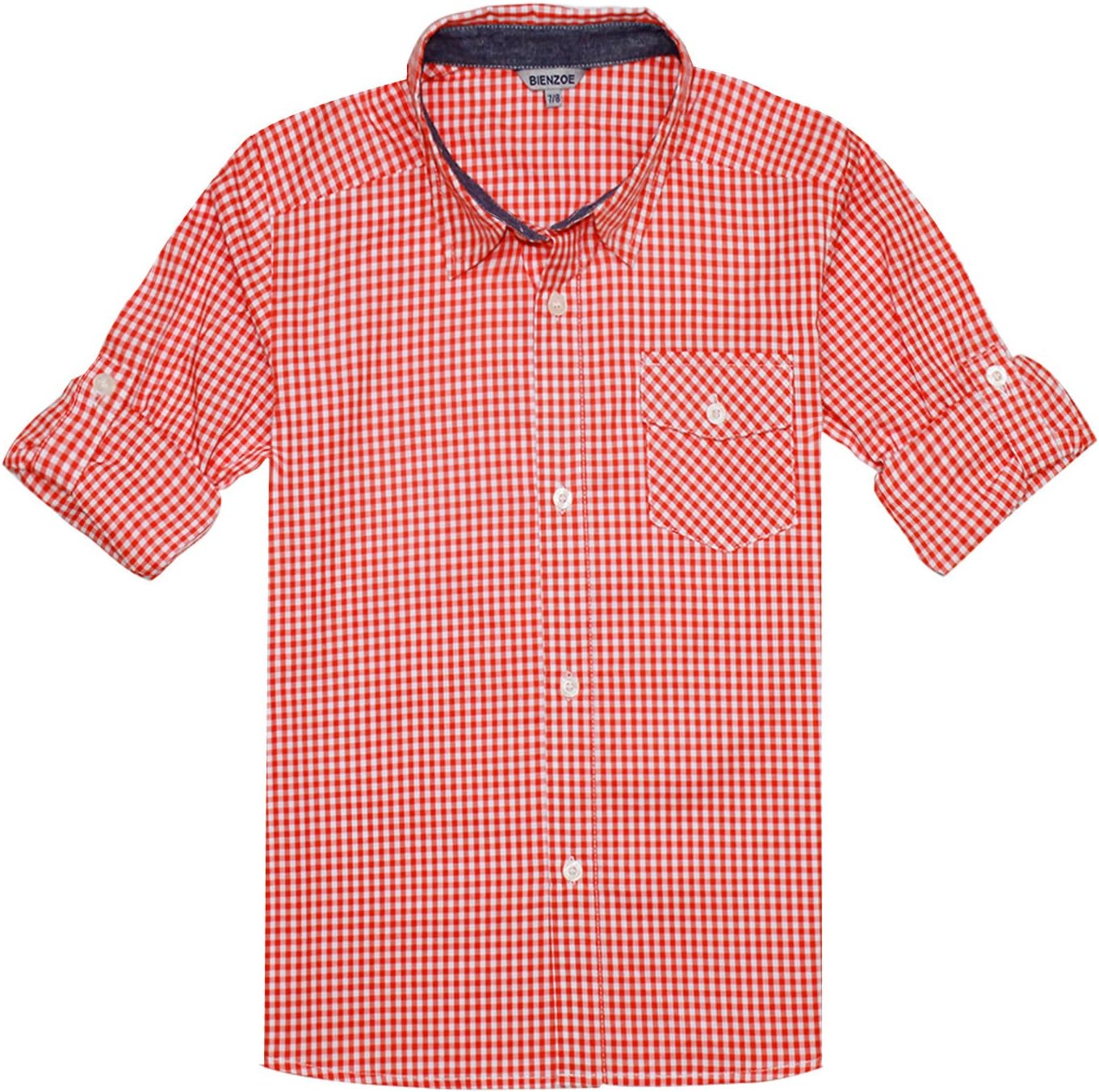 Bienzoe Boys Button Up Shirt: Kids Plaid Cowboy Western Casual Cotton Roll Up Tops 11-12 Years Orange/White