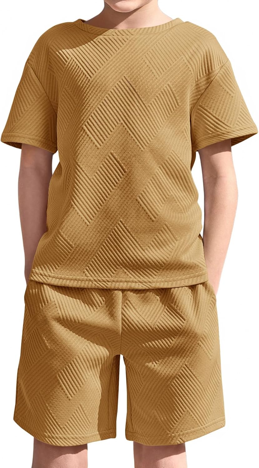 Boys 2 Piece Summer Outfits Short Sleeve Tshirts and Elastic Waist Shorts Casual Texture Sets