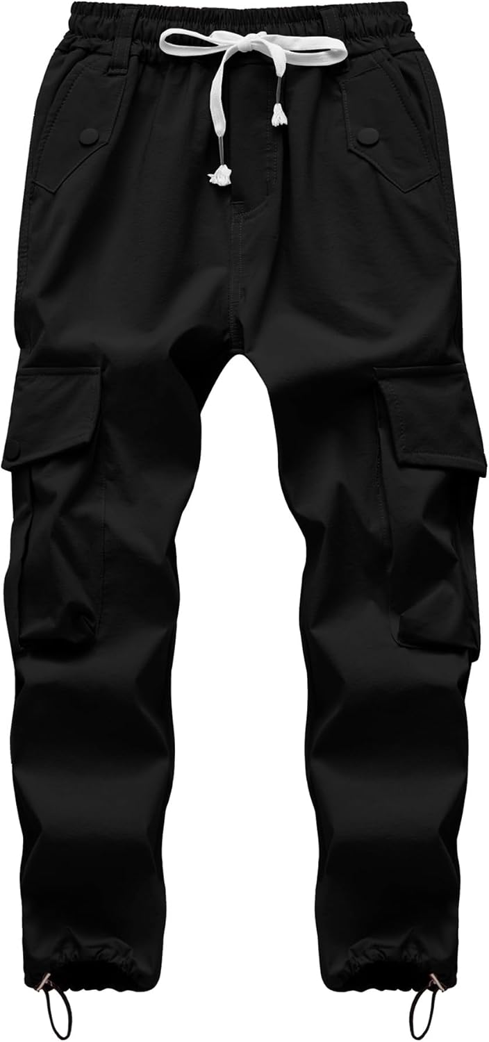 Girls Cargo Pants Wide Leg Streetwear Stretch Elastic Waist Drawstring Kids Joggers Pants with Pockets 8 Years 201-black