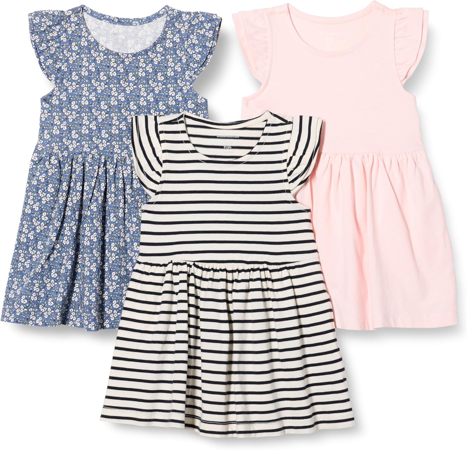 Girls and Toddlers' Ruffle Jersey Dress, Pack of 3 X-Small Pale Pink/French Stripe/Floral