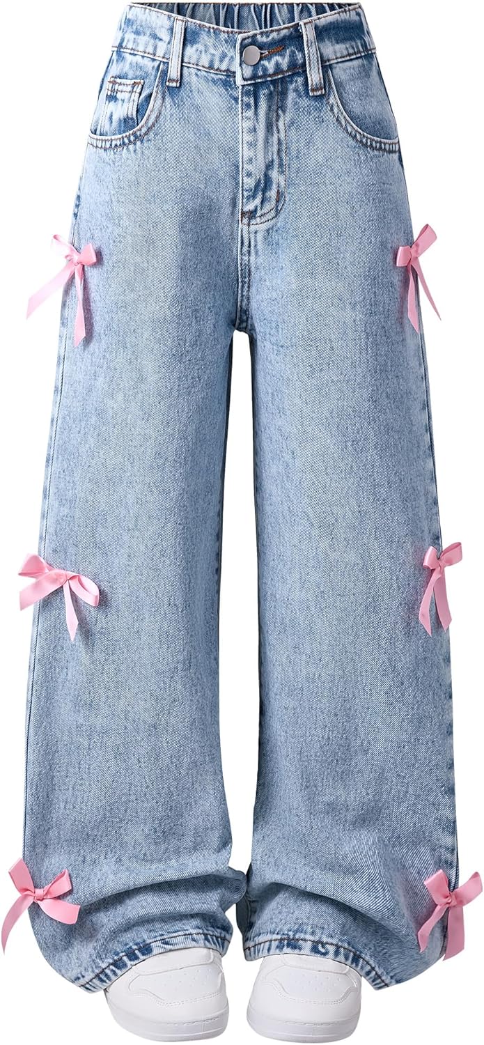 Girls Jeans Wide Leg Baggy Denim Pants High Elastic Waisted Cute Bow Trousers Casual Kids Streetwear 7-14Y Blue02 14 Years