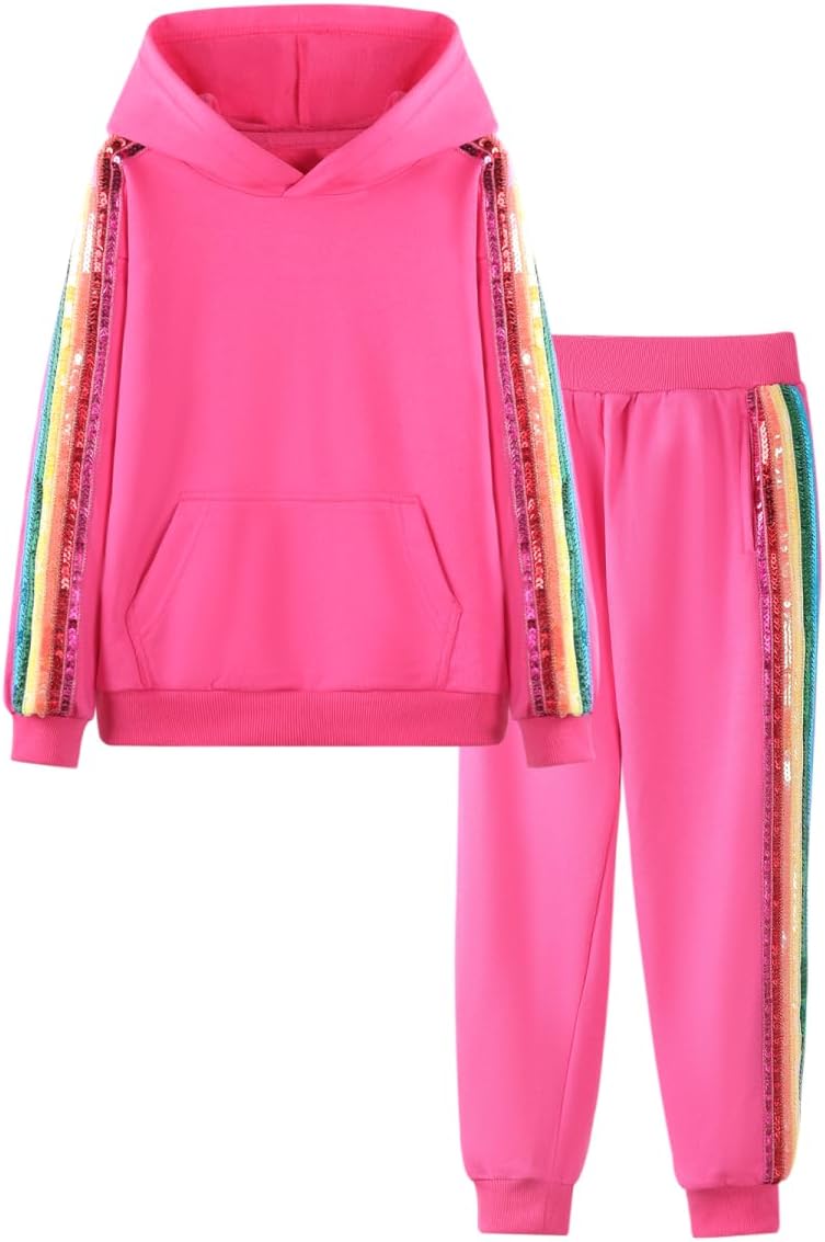 Girls 2 Piece Outfit Rainbow Sequin Striped Sweatshirt & Sweatpants Clothing Set