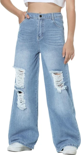 Girls Jeans Pants Wide Leg/Flare/Skinny Denim Pant Ripped High Waist Elastic Band Casual with Pockets Kids 6-14Y Wide 8 Years Wide-blue B