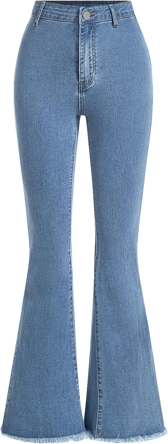 Girl's Raw Hem Flare Jeans Long Bell Bottom Wide Leg Denim Pants with Pockets