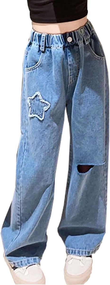 Kids Girls Jeans Washed Elastic Waist Baggy Wide Leg Jeans Size 4-14 Years