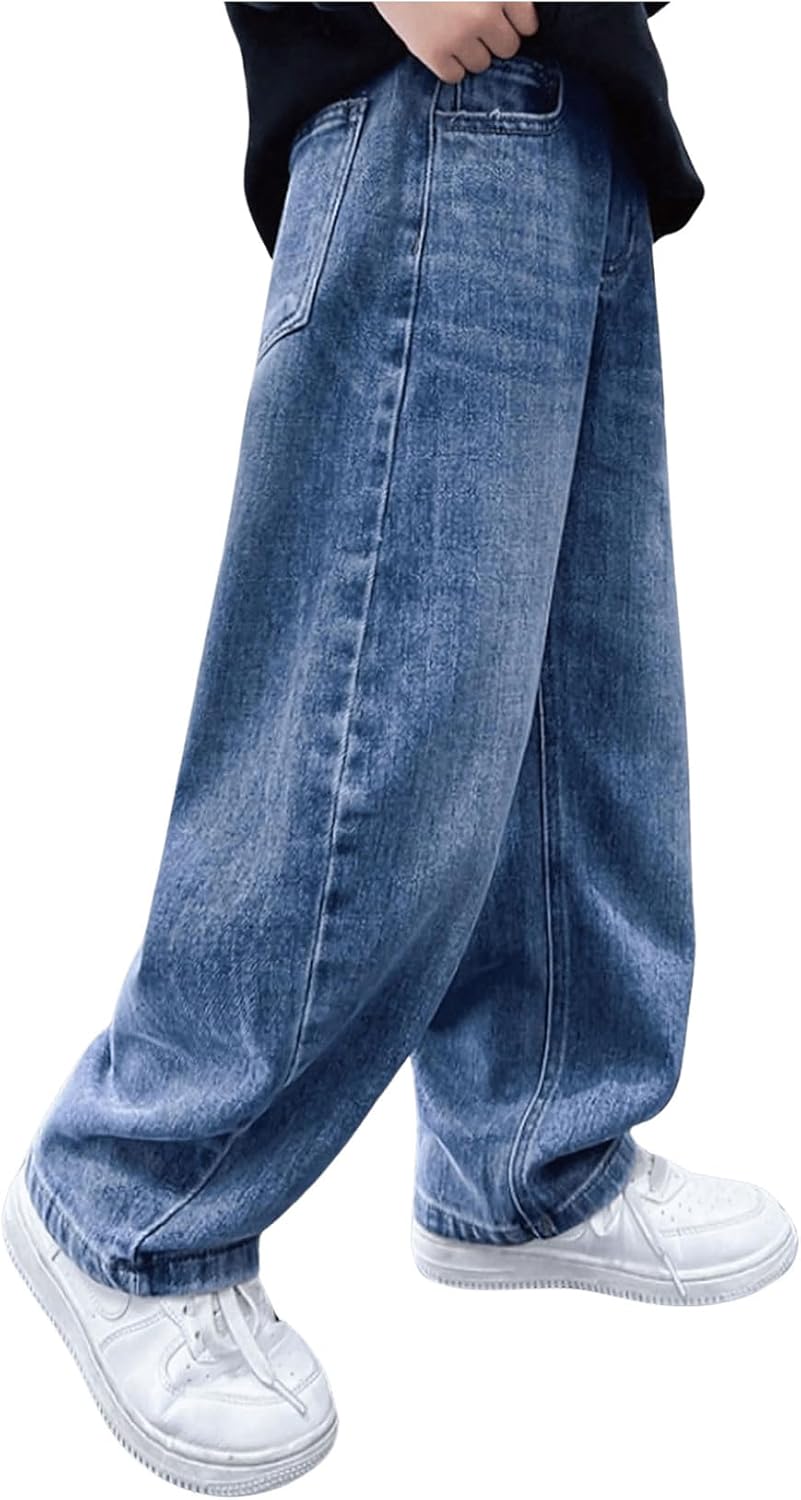 Boy's Straight Leg Basic Jeans Loose Casual Denim Pants with Pockets Streetwear