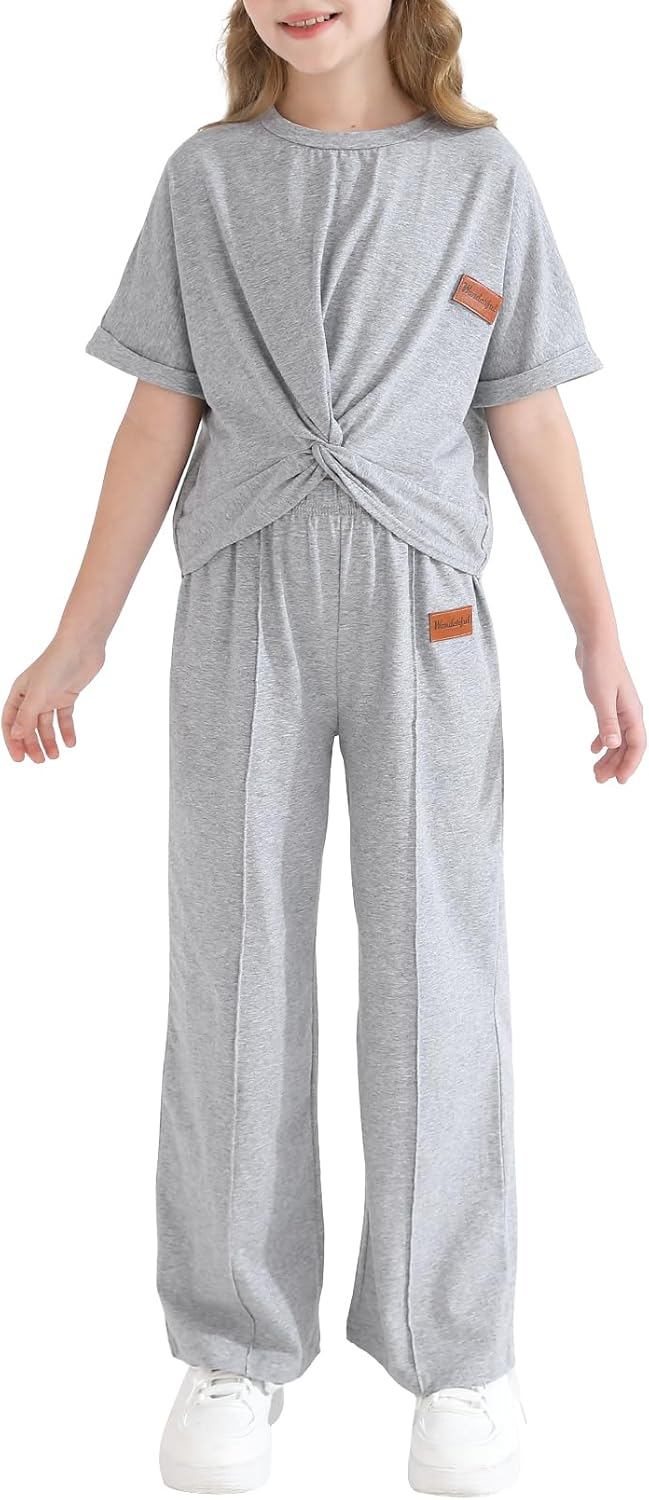 Girls Clothing Sets Kids Summer Short Sleeve Twist Front Tops Wide Leg Pants Sweatsuit Loungwear Casual Set 6-12Y Gray 11-12 Years