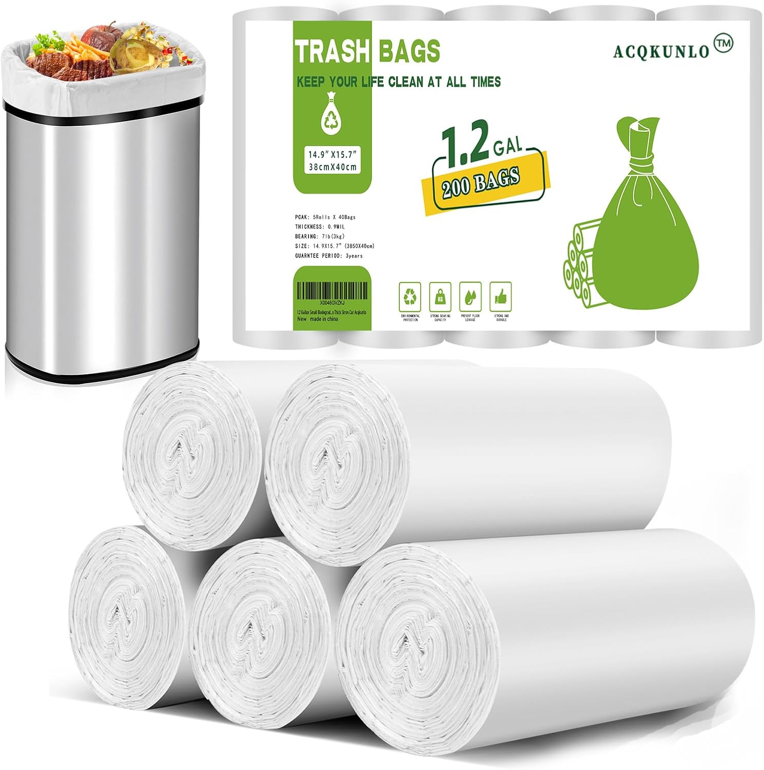 1.2 Gallon Small Biodegradable Trash-Bag Mini-Garbage-Bags - White Compostable 200 Count Unscented Little Kitchen 5l Can For Wastebasket Liners Thick Stron Car Acqkunlo 1.2 gal white 200