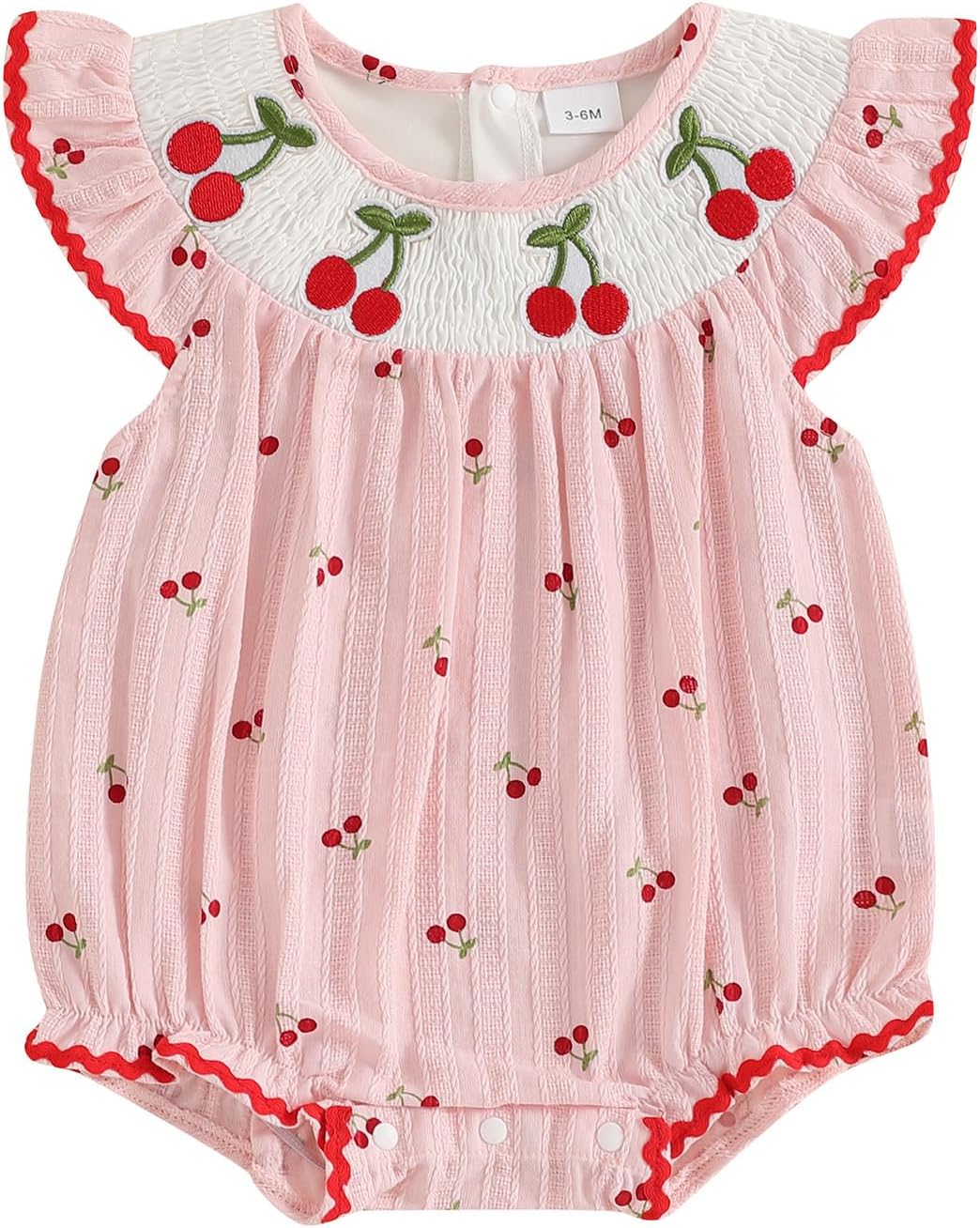 Newborn Smocked Baby Girl Bubble Romper Sleeveless Ruffle Linen Bodysuit Infant Cherry Fruit Summer Outfit