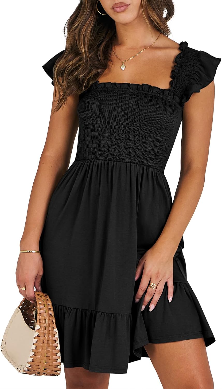 Women's Summer Casual Sleeveless Square Neck Dress 2025 Smocked Ruffle Backless Boho Beach Cute Teen Short Sundress Small Black