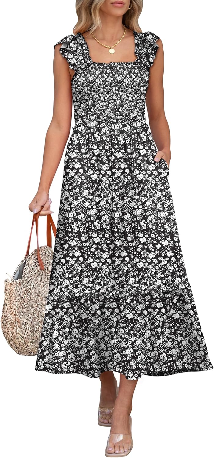 Womens Summer Sleeveless Maxi Dress Square Neck Smocked Boho Casual Ruffle Strap Flowy A-Line Long Beach Sundress