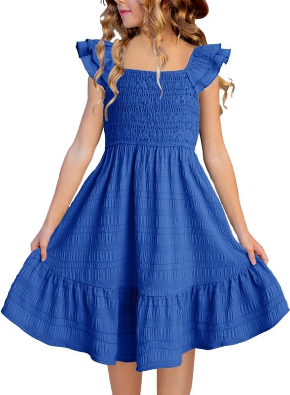 Girls Summer Dresses Cute Double Layer Ruffle Sleeve Smocked Flowy Dress 6-15 Years