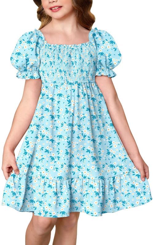 Girls Summer Puff Sleeve Ruffle Smocked Square Neck Midi Dress 4-14 Years