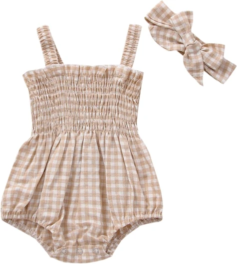 Newborn Baby Girl Bodysuit Sleeveless Halter Frill Romper One-piece Jumpsuit with Headband Summer Clothes Set Khaki 3-6 Months