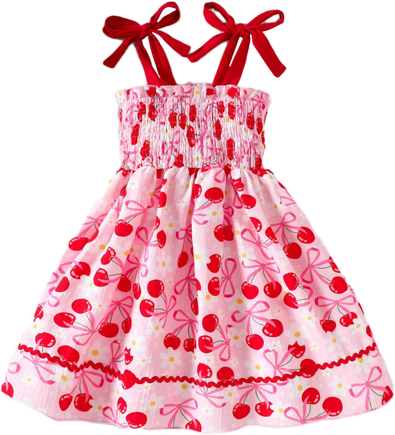 Kids Toddler Baby Girl Summer Outfit Cherry Smocked Dress Spaghetti Strap Sleeveless Floral Bow A-line Dress Clothes