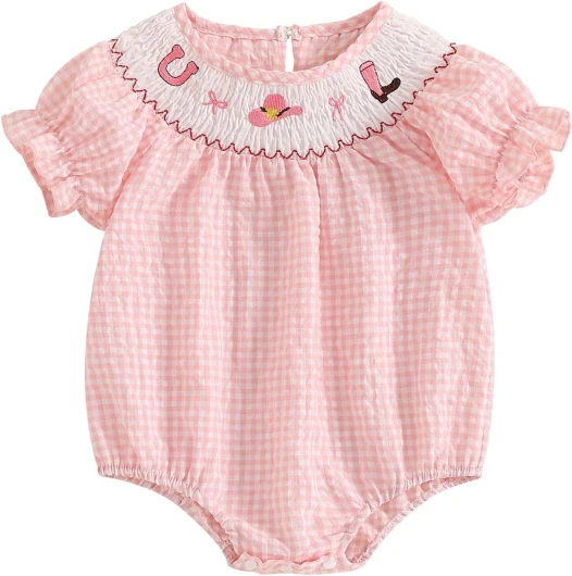 Toddler Baby Girl Clothes Summer Smocked Bubble Romper Embroidery Onesie Short Sleeve Bodysuit Cute Outfits