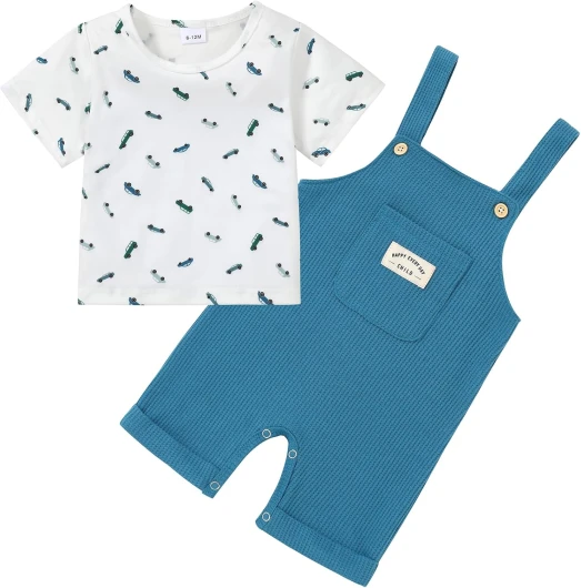 Toddler Baby Boys Clothes Summer Outfit Stripe T-Shirt and Shortall Romper Set Cute Jumpsuit Solid Color 6M-4T