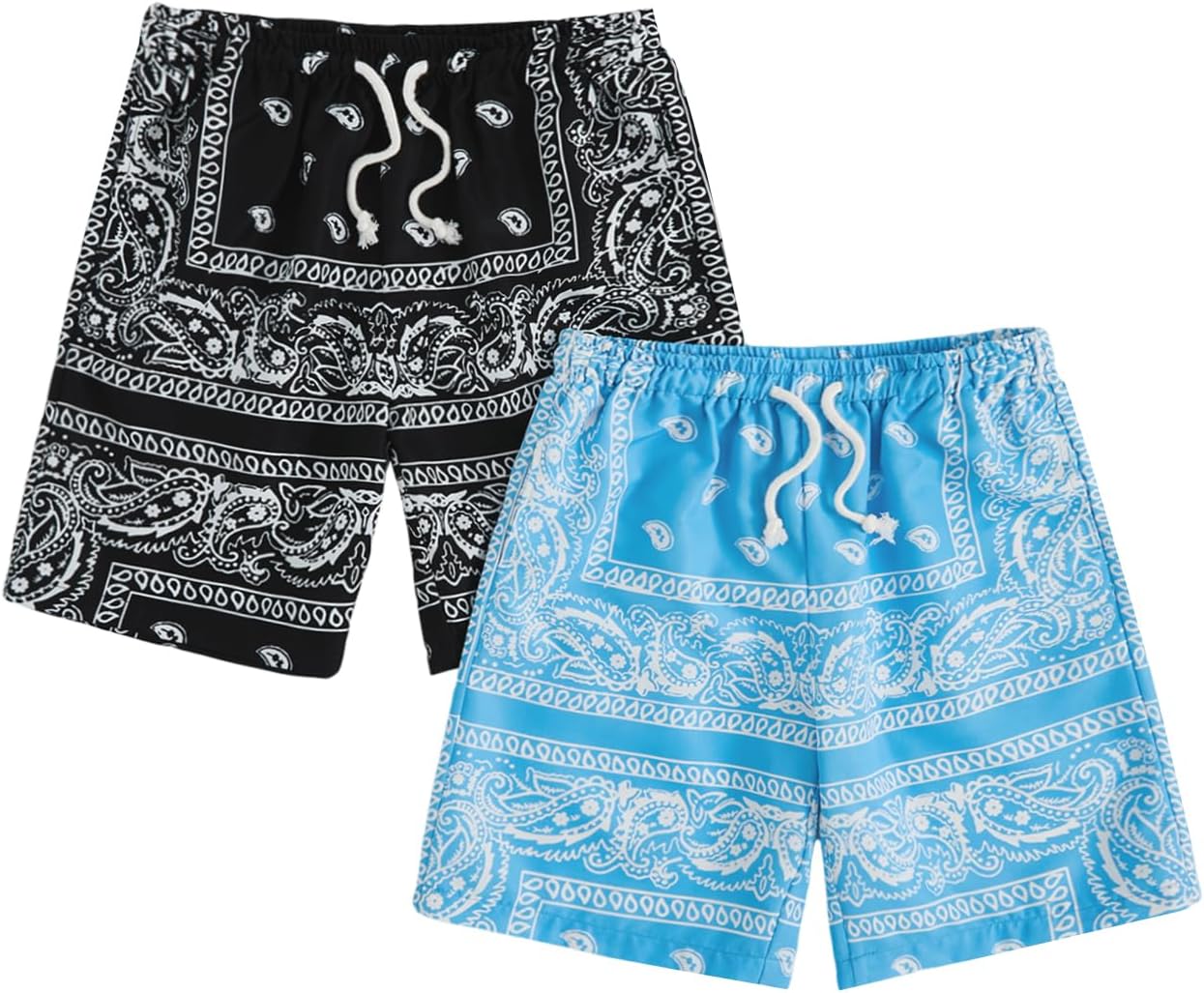 Boy's 2 Pcs Boho Paisley Print Drawstring Waist Summer Beach Shorts with Pockets