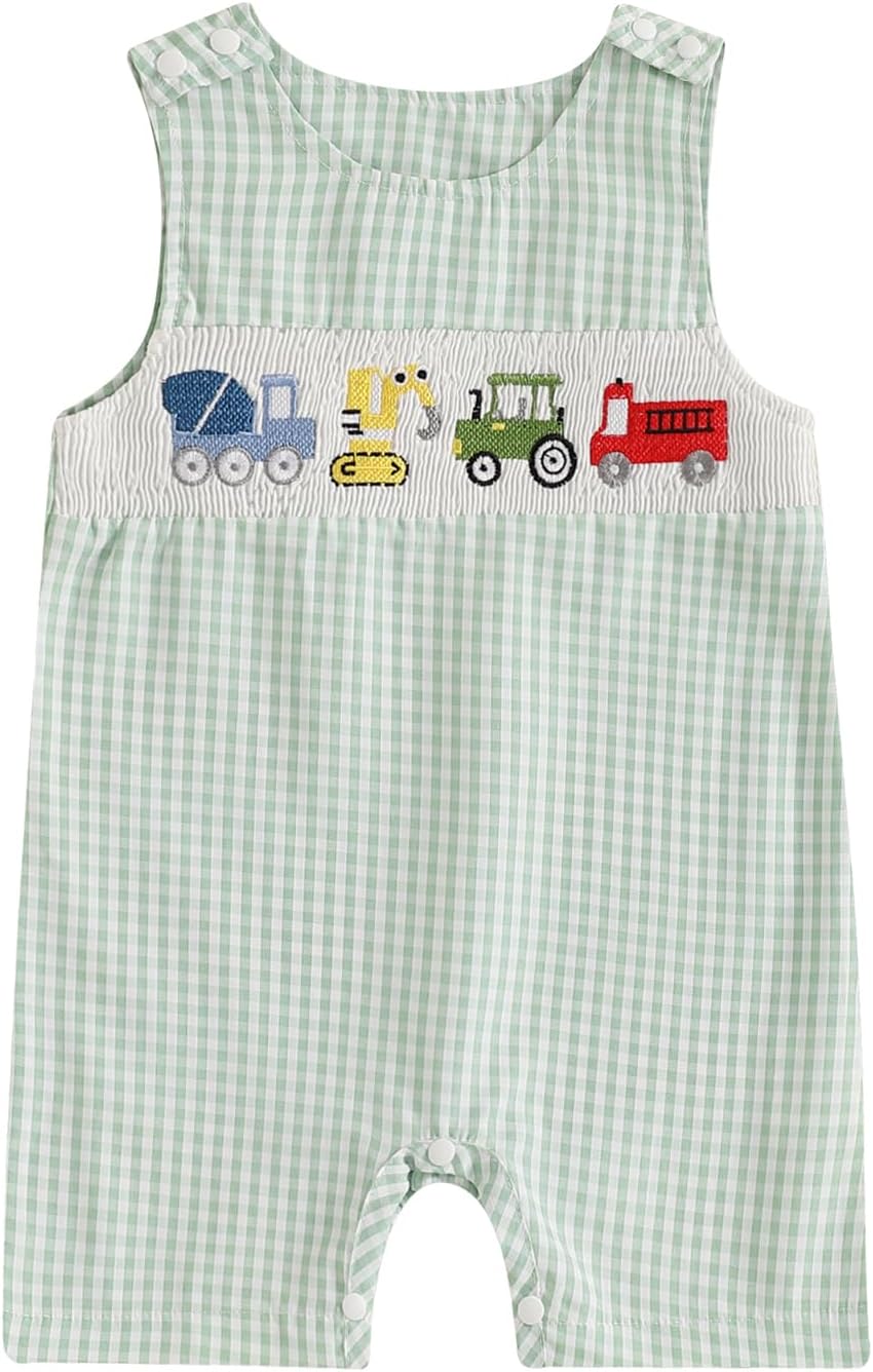 Baby Boy Summer Clothes Sleeveless Embroidery Dinosaur Striped Retro Romper Jumpsuit Smocked Shortall