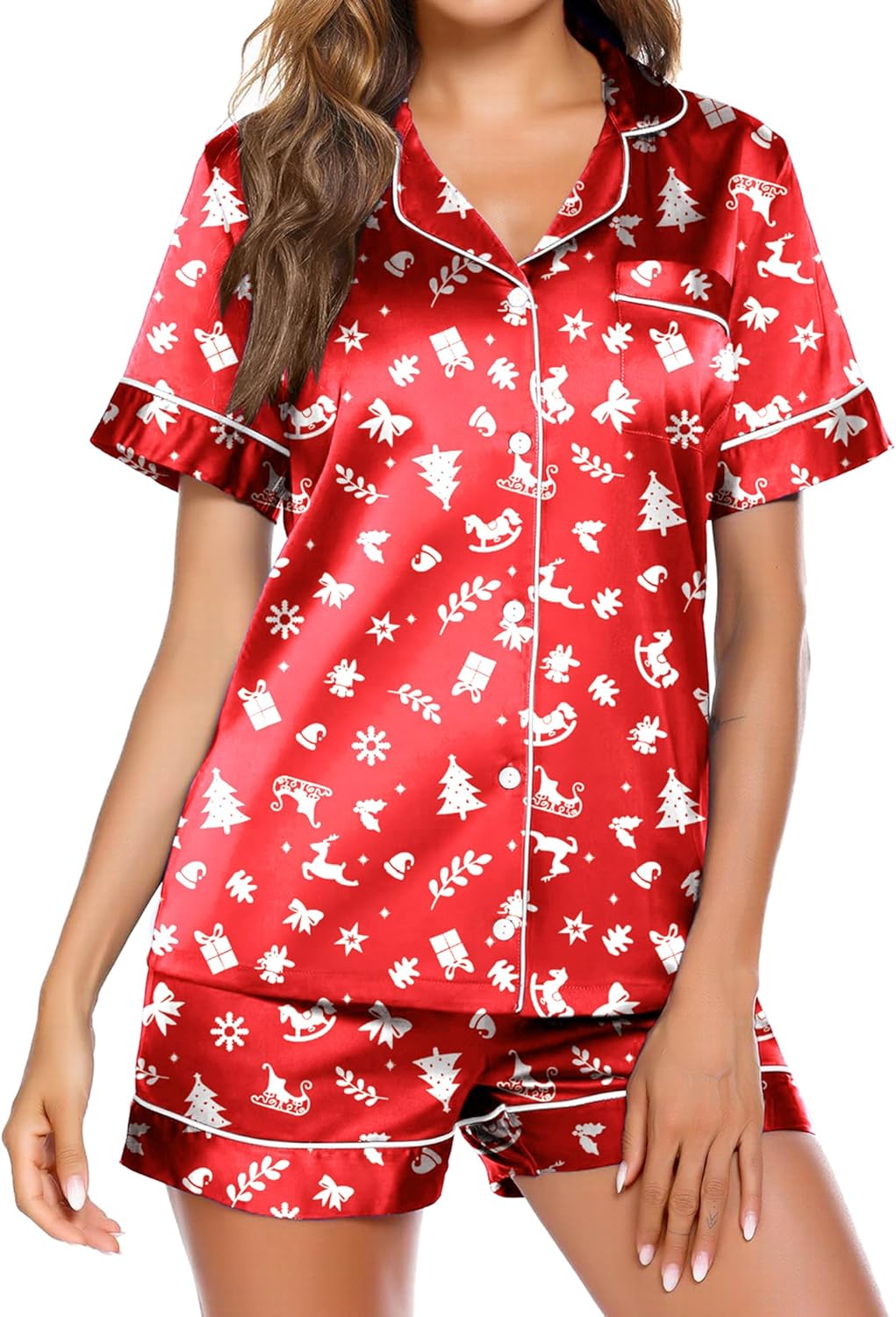 Satin Pajamas for Women Button Down Sleepwear Soft Silk Loungewear Short Sleeve Top and Shorts Pjs S-XXL Medium Christmas Red
