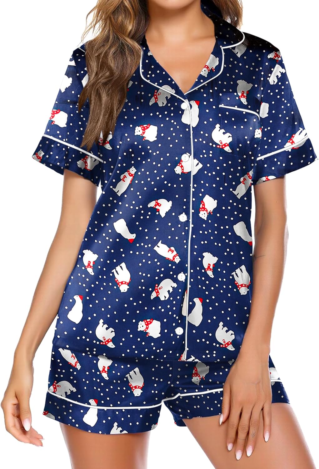 Satin Pajamas for Women Button Down Sleepwear Soft Silk Loungewear Short Sleeve Top and Shorts Pjs S-XXL Medium Christmas Polar Bear