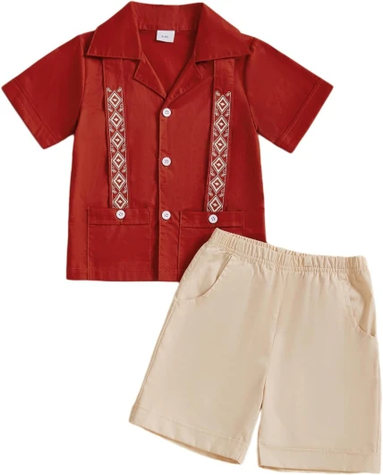 Toddler Baby Boy Summer Clothes Mexican Guayabera Outfit Embroidered Button Down Shirts + Shorts Set