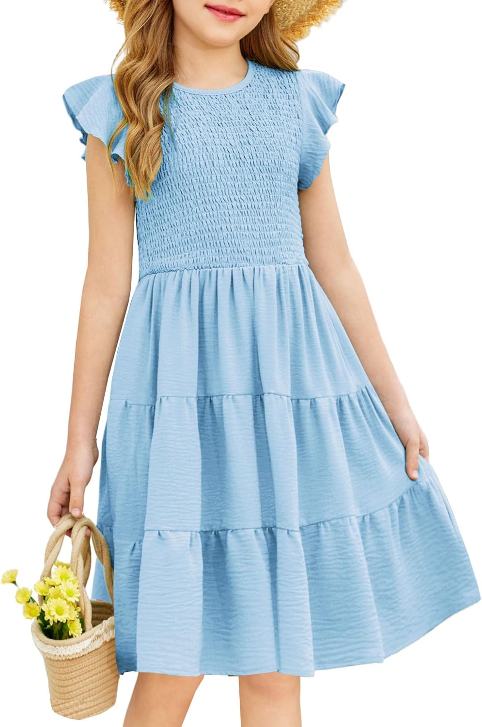 Girls Dress Summer Ruffle Sleeve Smocked Tiered Casual Party Sundress with Pockets