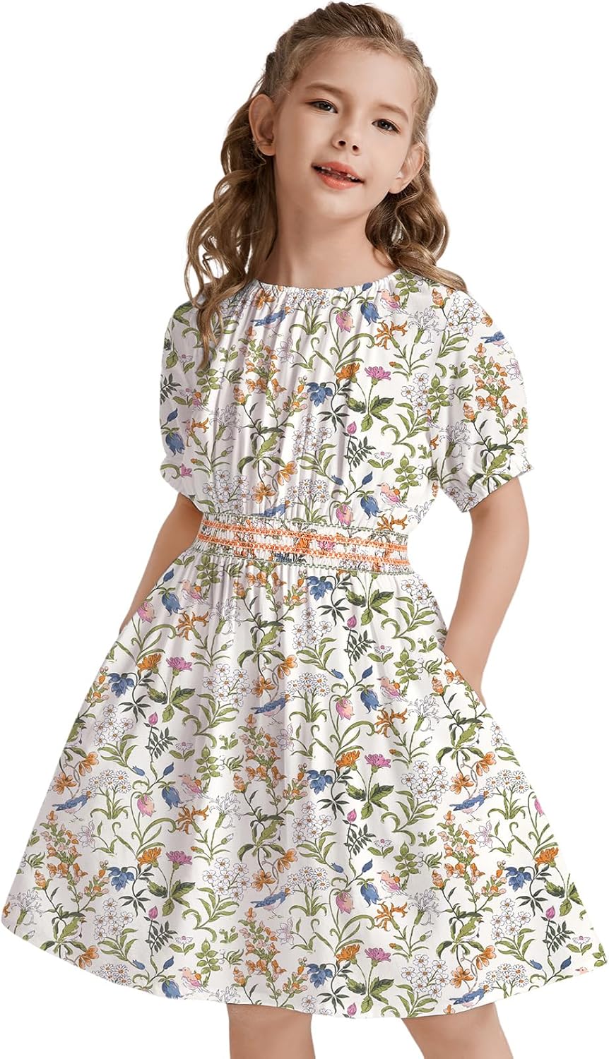 Girls Floral Smocked Waist Dress Church Holiday Playwear Soft Midi Dress with Pockets