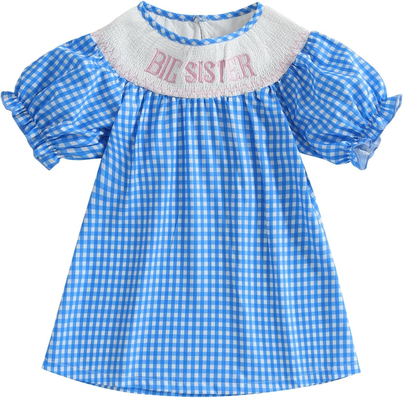 Toddler Girls Smocked Big Sister Dress Short Sleeve Plaid Letter Embroidery Bubble A-line Pink Bishop Dresses