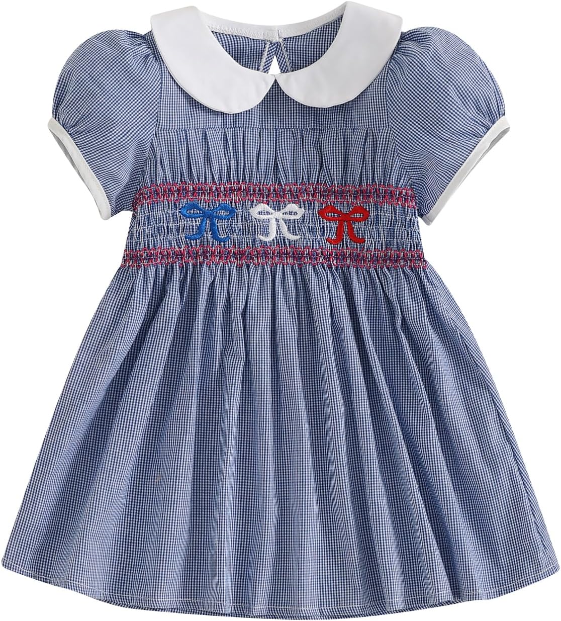 Kids Toddler Baby Girl Independence Day Outfit Doll Collar Embroidery Puff Sleeve Smocked Dress Infant Summer Dress